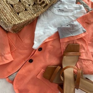 Linen blazer coral with navy pinstripe detail